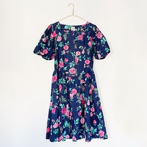 70s vtg floral puff sleeve midi dress - spring 80s